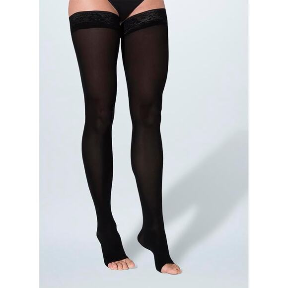 NWT SIGVARIS Women’s Soft Opaque 840 Open Toe Thigh High 20-30mm Black Grip-Top - Picture 1 of 1